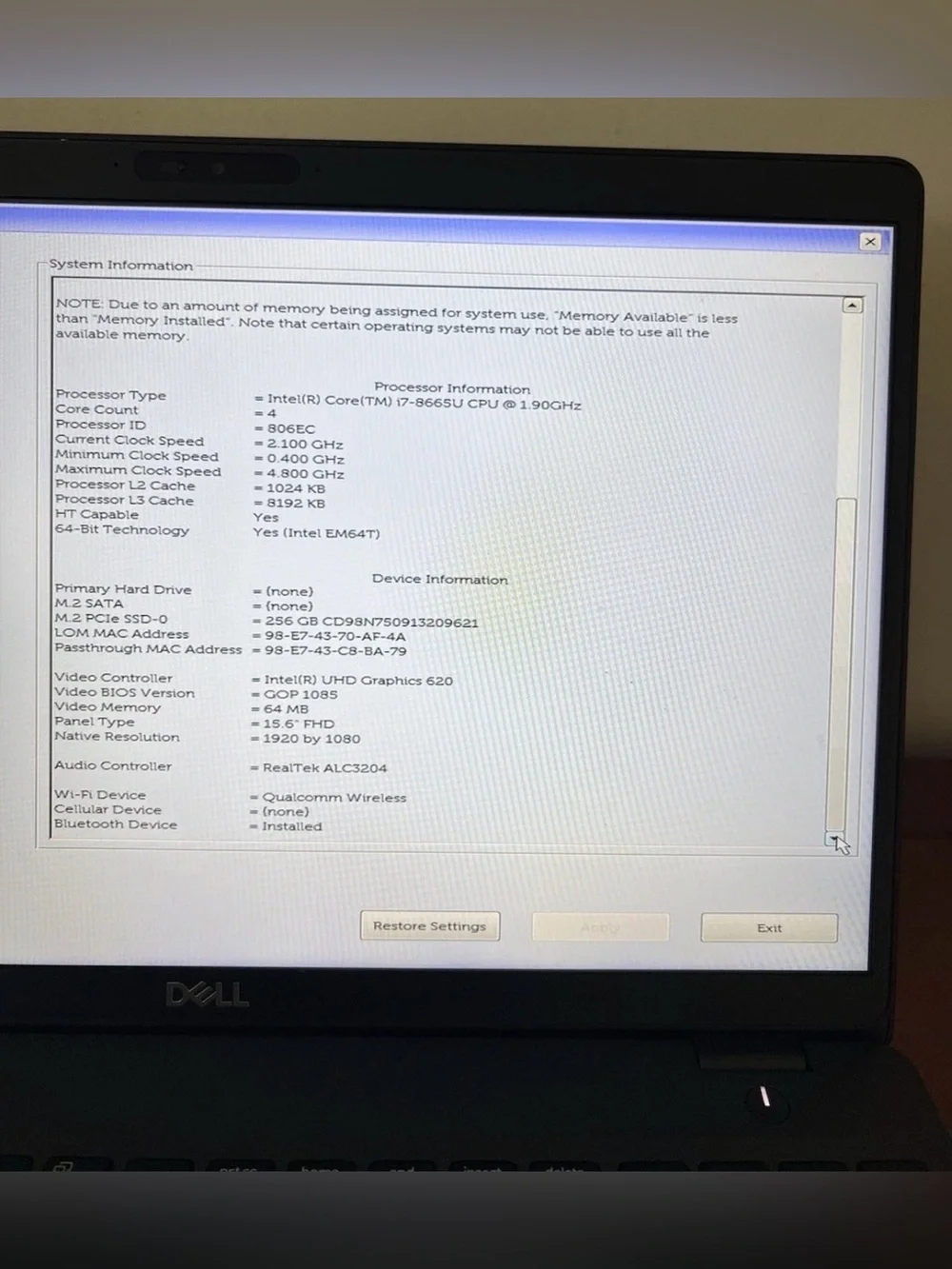 Dell Latitude 5500 Intel  Core  i7-8665u 1.90Ghz 16GB Ram 256GB SSD.